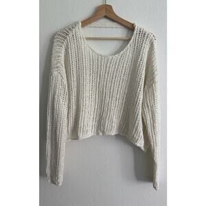 Francescas Womens L White Knit Pullover Sweater Open Back Long Sleeve Cropped